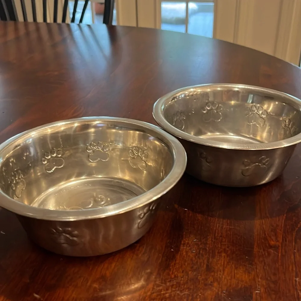 Two small metal dog bowls